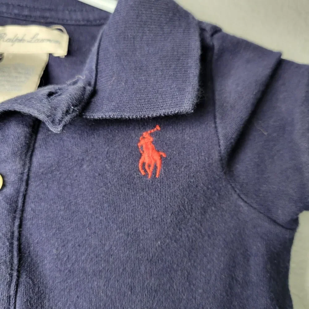 Ralph Lauren Baby Boy Romper Shortall Navy Blue Red Pony 9M Preppy Classic